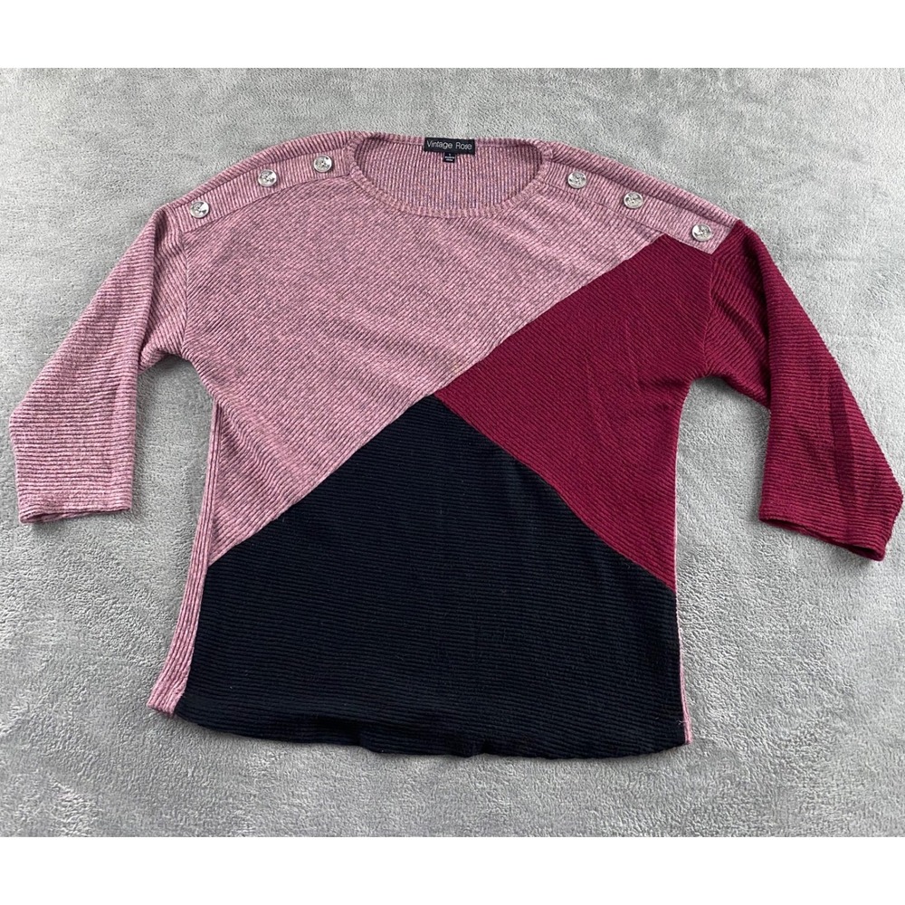 Vintage Rose Women Mauve Burgundy Black Colorblock Ribbed Button Shoulder Top L